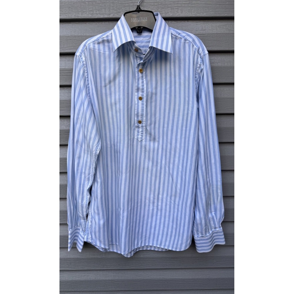 Suitsupply Grandfather Men Button Shirt 42 Extra Slim Blue Striped Twill Cotton